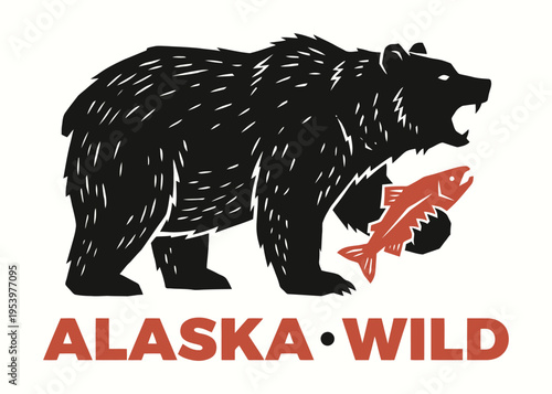Vintage style grizzly bear illustration with salmon fish and wilderness text