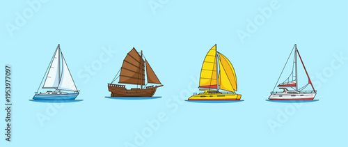Set of varied sailboat illustrations: modern sloop, traditional junk, catamaran, cruising yacht, vector art isolated on light blue background for nautical leisure