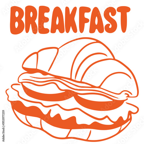 Breakfast hand drawn doodle with croissant sandwich and layered meal illustration
