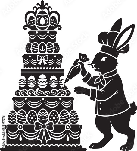 Chef rabbit decorating a tiered egg cake