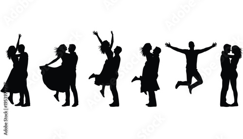Romantic couple silhouettes showing man lifting and embracing woman in joyful love moments, relationship happiness, romance, affection and celebration concept vector illustration set