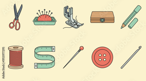 Sewing Tools & Craft Icons Set Isolated On White, Scissors Thread Needle Tape Vector Symbols For DIY Handmade Hobby Design