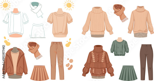 Autumn winter clothing collection with sweaters jackets skirts pants and scarves cozy seasonal fashion outfit set in warm earthy tones vector illustration