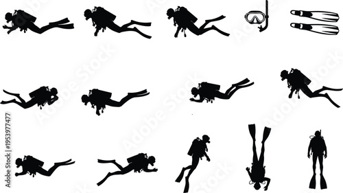 Scuba diving silhouettes set with diver swimming poses, snorkeling mask and fins icons, underwater sport activity collection, scuba diver equipment vector isolated on white background