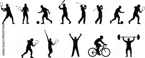 Sports activity silhouettes collection with athletes playing tennis, golf, baseball, soccer, cycling and weightlifting, active lifestyle people set isolated black vector illustration