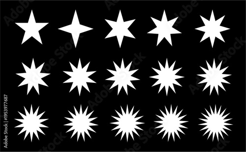 Set of minimalist starburst and sparkle vector icons with varying point counts on black background
