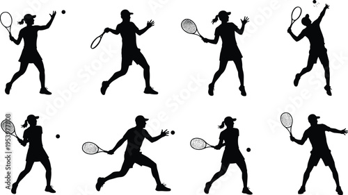 Tennis player silhouettes collection with men and women athletes serving, hitting forehand and backhand shots, professional tennis sport action poses vector illustration set