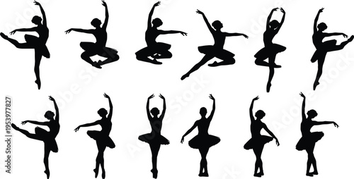 Ballet dancer silhouettes collection performing elegant poses and jumps isolated on white background, classical dance art, graceful movement, performance training, black figure set