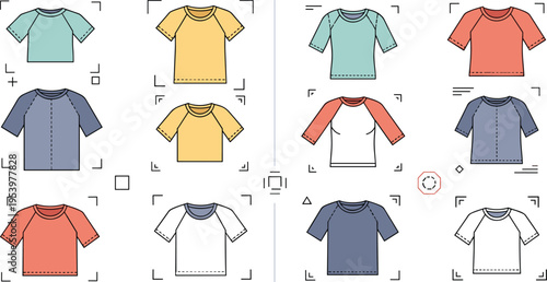 Colorful t shirt icon set with different styles and sleeve variations minimal flat vector collection for casual clothing design