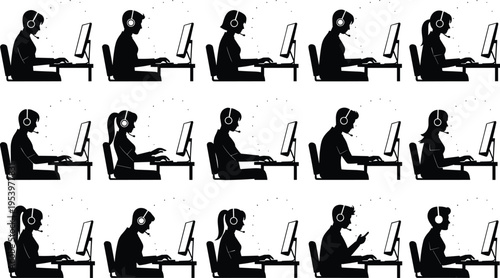 Set of customer service agent silhouettes with headsets working at computer workstations for call center technical support and remote corporate communication