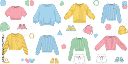 Colorful women sweater collection with casual tops shorts shoes and backpacks modern fashion outfit set in soft pastel vector illustration