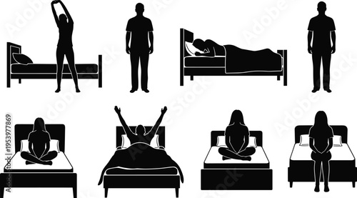Set of people silhouettes in bed waking up stretching and sleeping showing various morning routines and night rest positions for healthy lifestyle