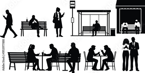 Set of people silhouettes in public places using mobile phones at bus stops sitting on benches and dining at cafe tables
