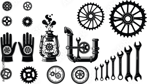 Vintage industrial gear and tools silhouette collection featuring mechanical cogs, wrenches, gloves, pipes and lantern isolated on white background, steampunk design elements set