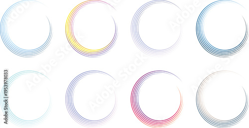 Circular loading indicator collection with soft gradient rings for modern interface design. Minimal round progress elements showing buffering or processing status. Clean vector UI components for apps,