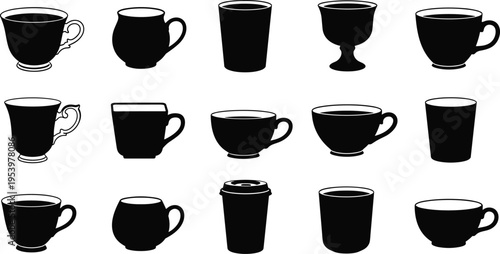 Coffee cup silhouettes collection with various mug shapes isolated on white background, hot beverage set, cafe drink icons, takeaway cups, minimal black design