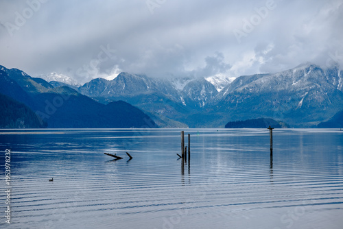 Winter at Pitt Lake:  snow capped mountains and blue lake.