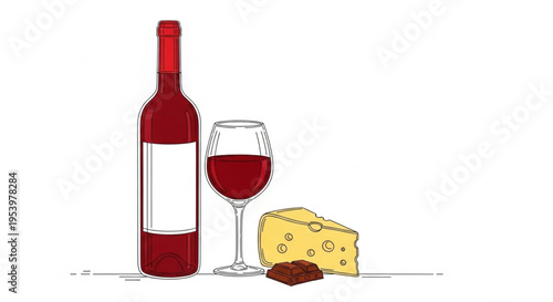 Red Wine and Cheese Still Life - Minimalist Hand-Drawn Gourmet Illustration