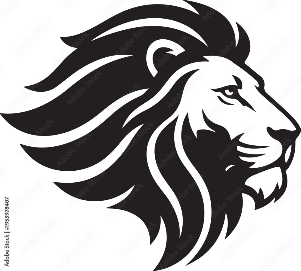 Fototapeta premium A black and white lion head logo with a flowing mane