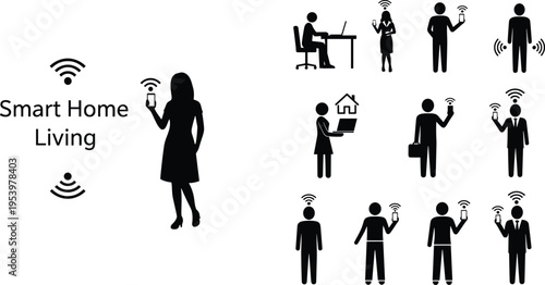 Smart home living concept with people silhouettes using mobile phones and wireless technology for remote control digital connectivity and automated domestic lifestyle