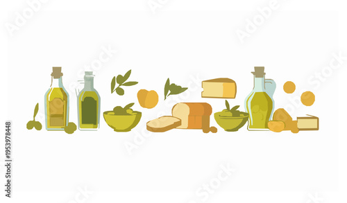 Mediterranean olive oil and snack collection vector with food elements isolated on white