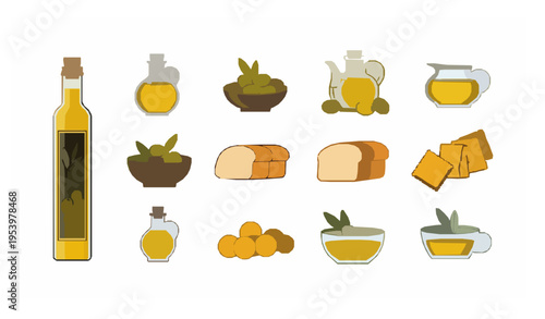 Olive oil and snack vector set with yellow food elements isolated on white background
