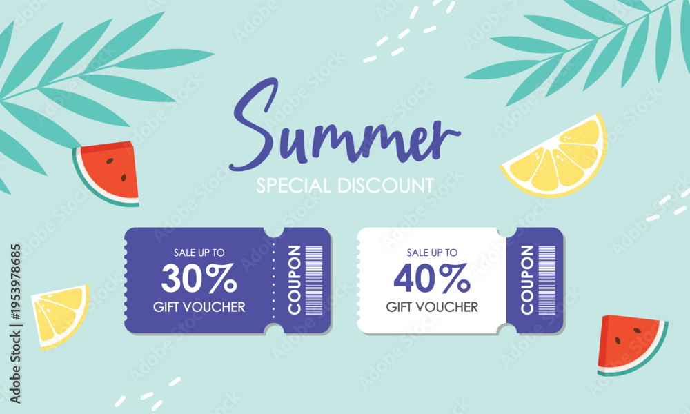 Obraz premium Summer Special Discount Coupon with Tropical Fruits and Leaves, Season summer Sale coupon. Sale flat template Tickets. For sale coupon. Minimalist pink coupon.