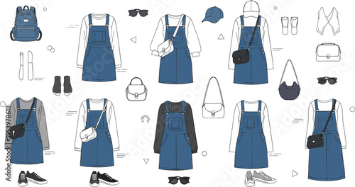 Denim overall dress outfit collection with accessories including bags shoes sunglasses and hats casual fashion styling vector illustration set