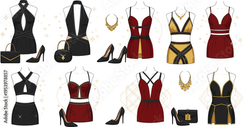 Elegant women evening outfit collection with dresses heels bags and accessories luxury fashion set in black red and gold vector illustration