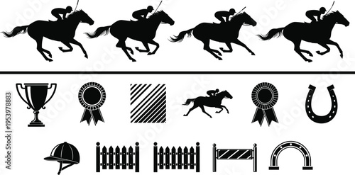 Horse racing silhouettes set with jockey riders and equestrian icons isolated on white background, sport competition concept, derby event elements, racing equipment collection