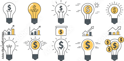 Financial growth light bulb icon set with dollar symbols charts and investment concepts representing profit business success and economic development vector illustration