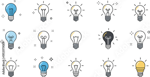 Light bulb icon set with colorful accents and outline styles creative idea symbols minimal vector collection for innovation and inspiration concepts
