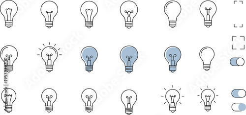 Light bulb icon set with outline and filled styles including on off states minimal vector collection for idea and electricity concepts