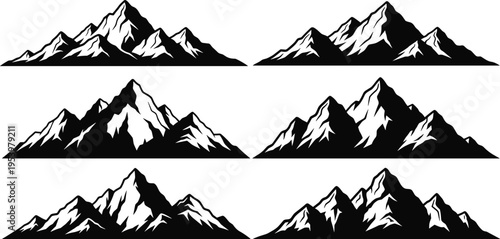 Mountain silhouettes collection with snow covered peaks isolated on white background, nature landscape set, outdoor adventure concept, alpine scenery, black and white illustration
