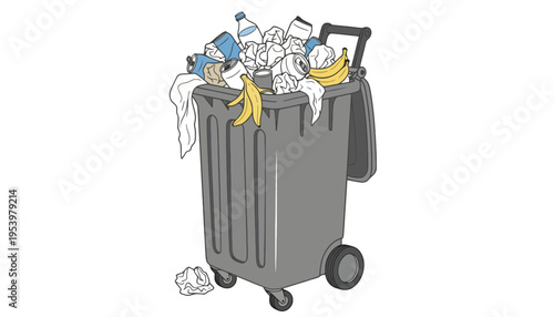 A trash can overflowing with garbage and food waste illustration