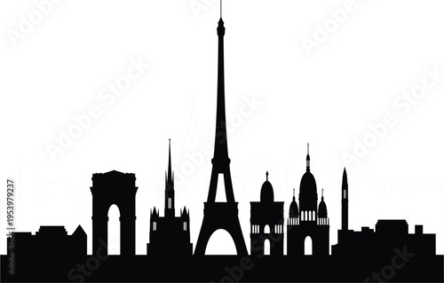 Paris city skyline vector silhouette with Eiffel Tower, Arc de Triomphe, French landmarks and monuments