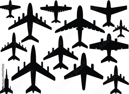 Airplane silhouette vector set with various commercial aircraft, fighter jets and passenger planes flying icons