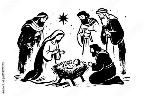 Baby Jesus in a manger surrounded by Mary, Joseph, and wise men in traditional black ink style on white background, symbolizing Christmas birth