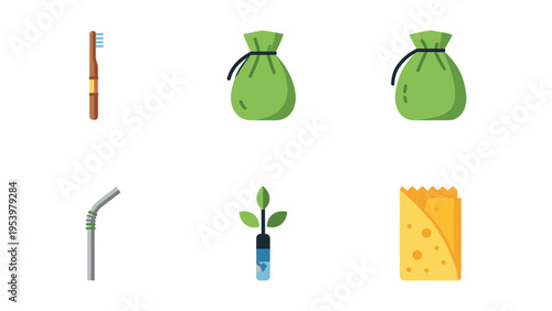 Everyday items related to hygiene, gardening, and waste disposal depicted in icons