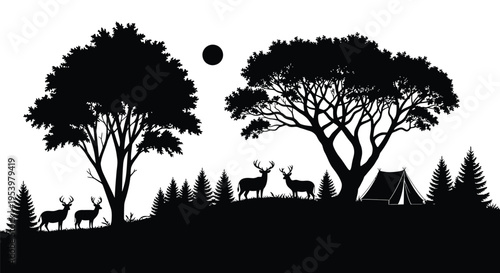 Forest landscape with deer and camping scene a striking silhouette