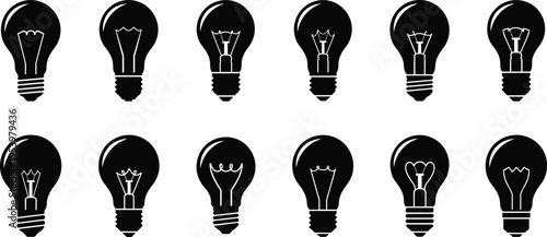 Light bulb silhouette icon collection with various filament designs minimal black vector set representing creativity idea innovation and electricity concepts