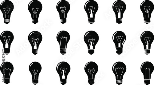 Light bulb silhouette icon set with different shapes and styles minimal black vector collection representing idea creativity energy and design elements