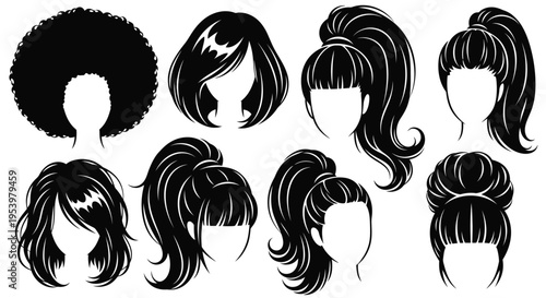 Collection of diverse women s hairstyles presented as a black silhouette