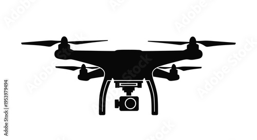 A black drone with a camera viewed from directly below silhouette
