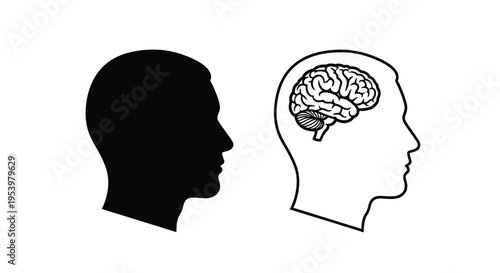 Human head with brain illustration and contrasting black silhouette