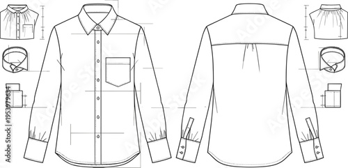 Men shirt technical drawing with front and back views pocket collar and cuff details fashion flat sketch vector for clothing design