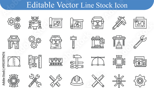 Editable icons for industry and engineering: gears, robot, tools