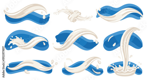 Milk and water splash wave vector set with blue liquid and white cream fluid shapes modern abstract design elements for backgrounds