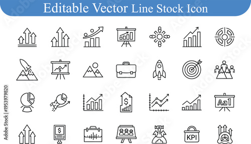 Business and finance icons: graph, rocket, briefcase, target