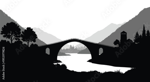 Dramatic mountain landscape with a stone bridge and town silhouette
